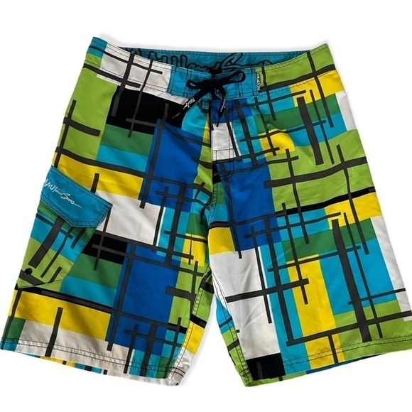 MAUI AND SONS Men's Sz 36 Blue Yellow Turquoise Black Geometric Boardshorts - Picture 1 of 6